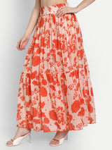 Bird Print Orange Ruffle Skirt