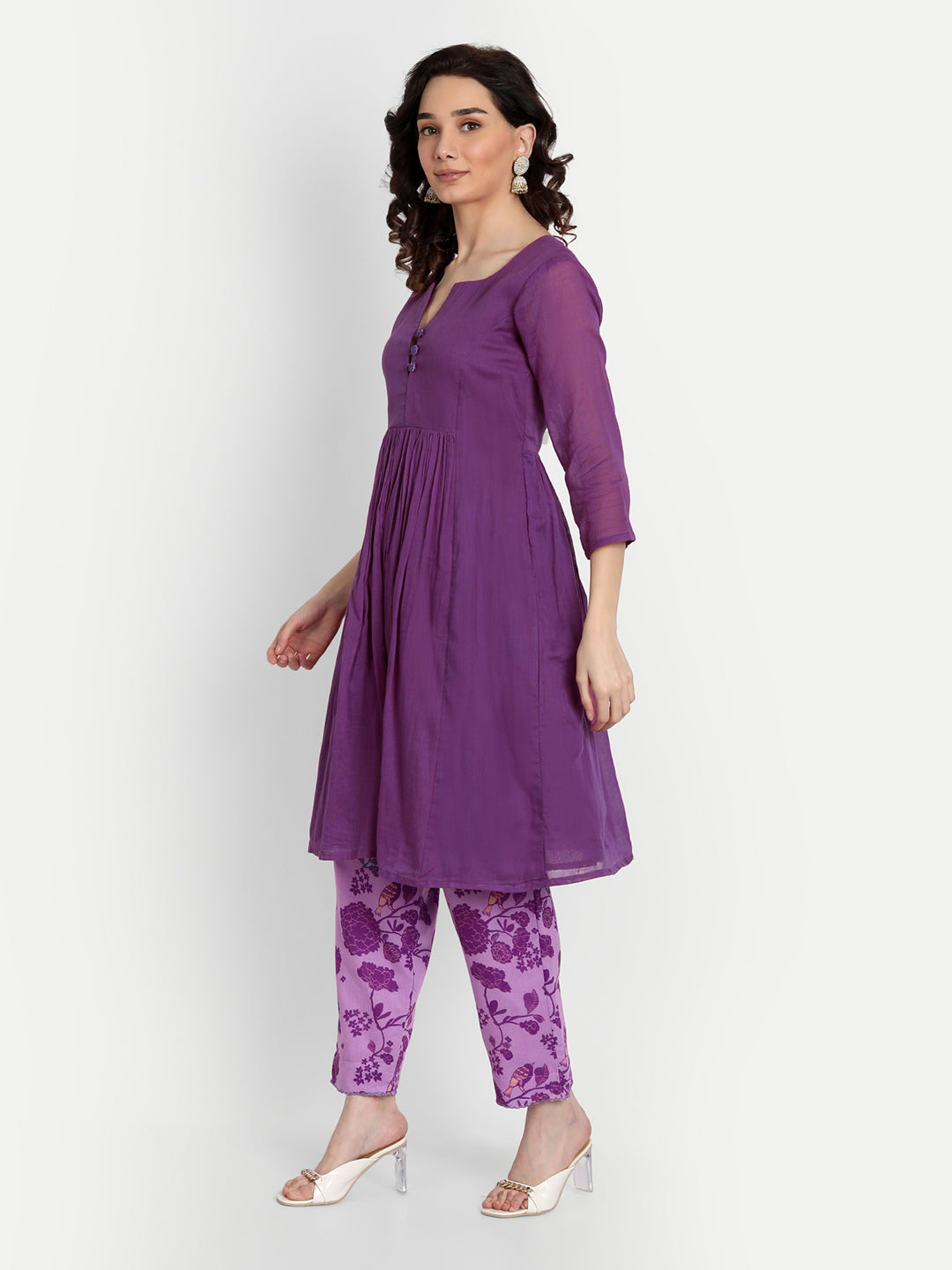 Purple Bird Print Pleated Kurta Set