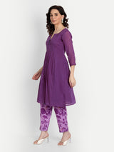 Purple Bird Print Pleated Kurta Set