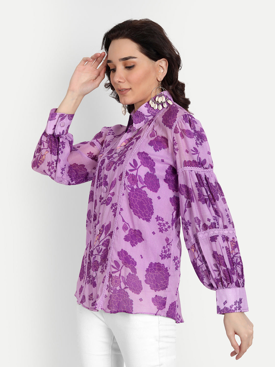 Purple Bird Print Lace Collar Shirt
