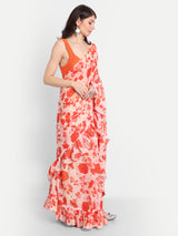 Orange Bird Print Frill Saree