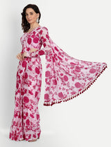 Pink Bird Print Draped Saree With Blouse