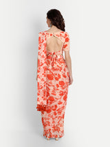 Orange Bird Print Pre Draped Saree With Blouse