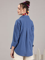 Indigo kantha hand embroidery oversized  pocket  shirt