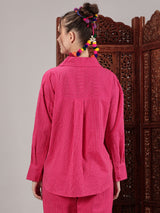 Pink kantha hand embroidery oversized pocket shirt