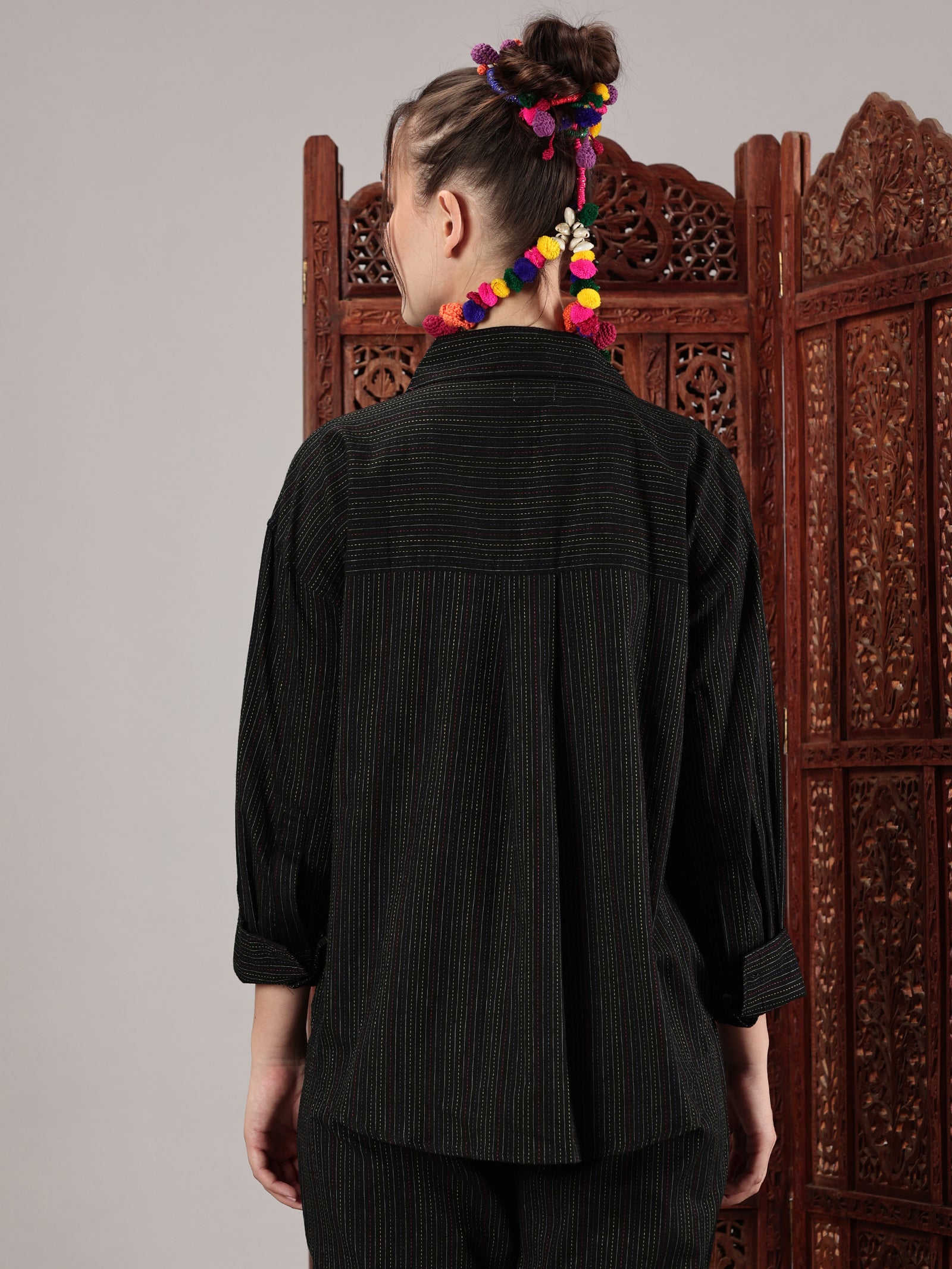 Black kantha hand embroidery oversized  pocket shirt