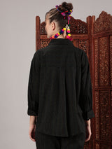 Black kantha hand embroidery oversized  pocket shirt