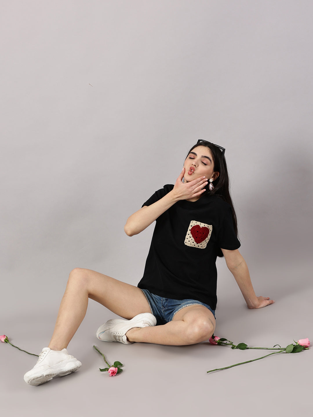 Maroon heart Crochet Pocket  T-shirt