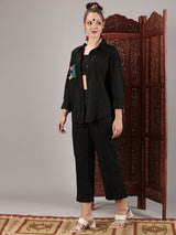 Black kantha hand embroidery oversized  pocket shirt