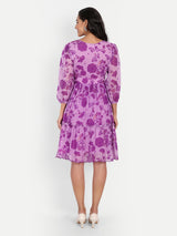 Purple Bird Print Ruffle Dress