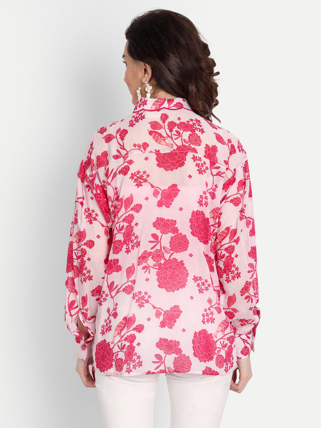 Pink Bird Print Scallop Collar Shirt