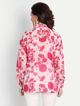 Pink Bird Print Scallop Collar Shirt