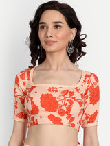 Orange Bird Print Pre Draped Saree With Blouse