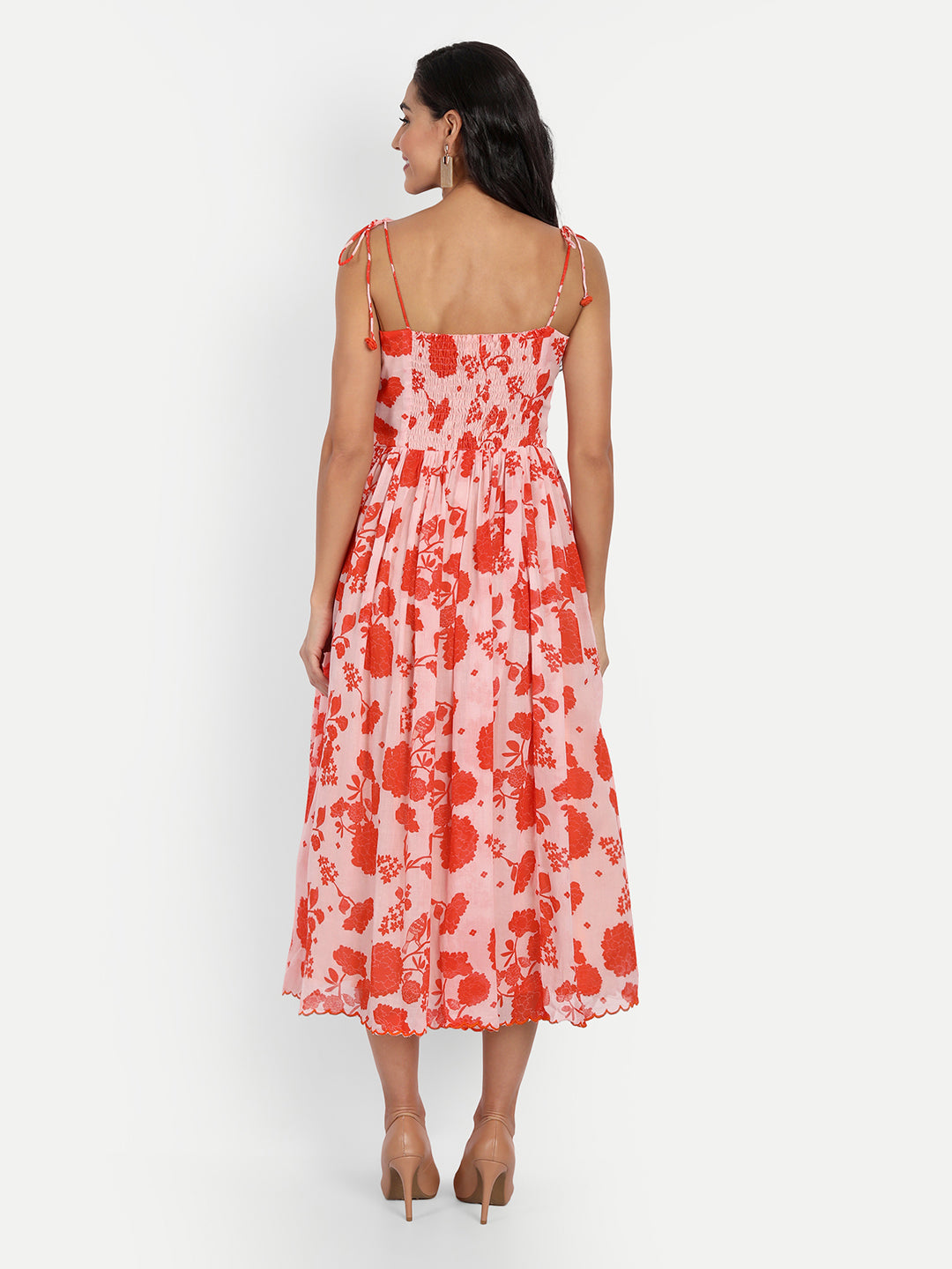 Strap Orange Bird Print Dress