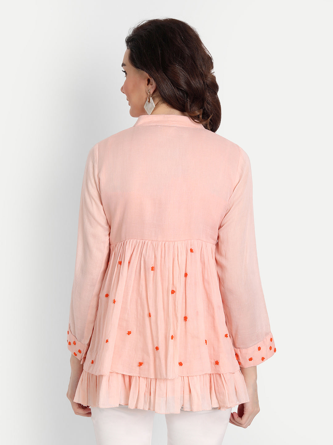 Peach French Knot Embroidery Collar Top