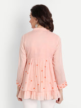 Peach French Knot Embroidery Collar Top
