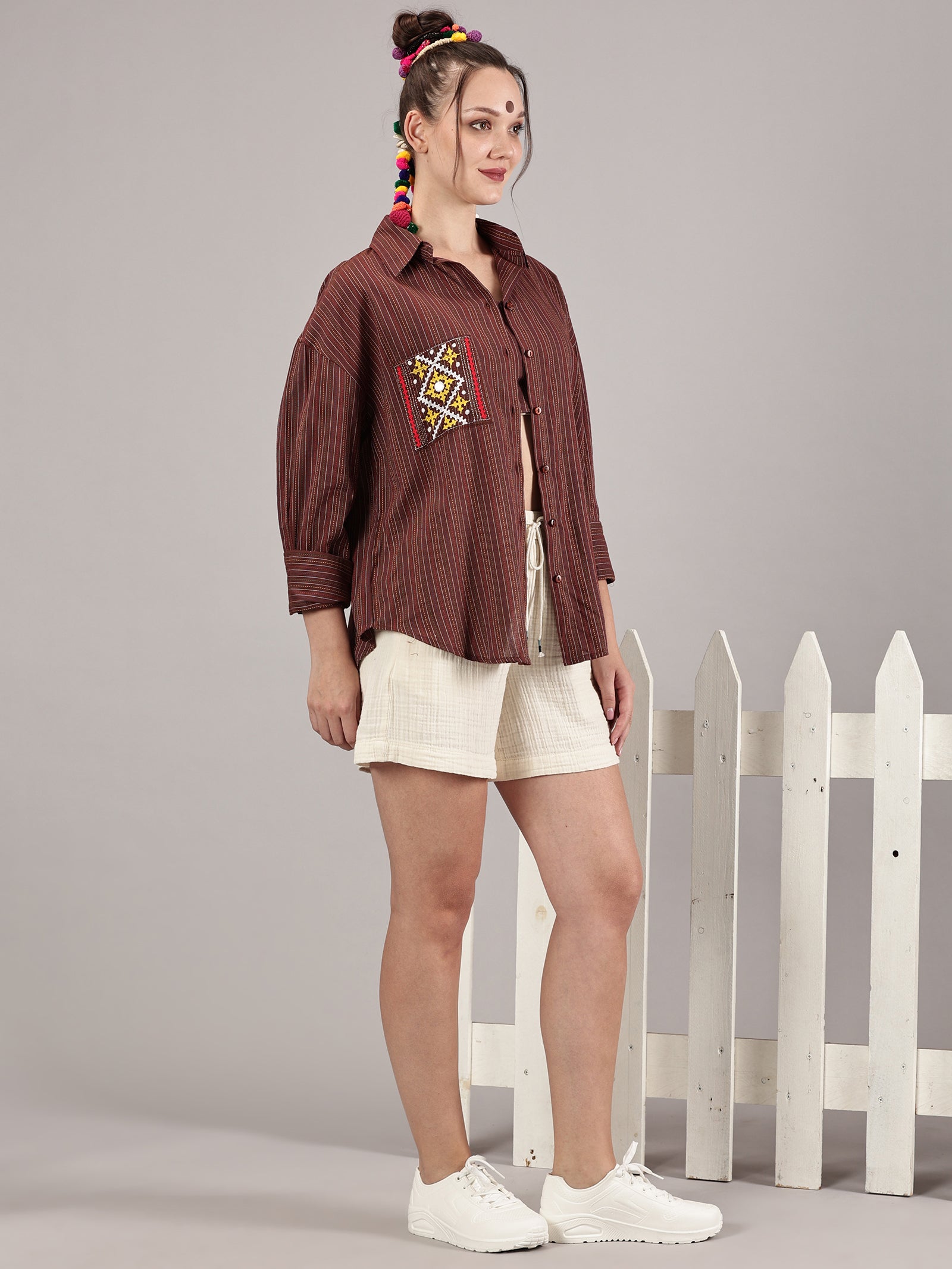 Brown kantha hand embroidery oversized  pocket shirt