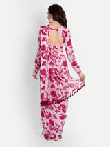 Pink Bird Print Draped Saree With Blouse