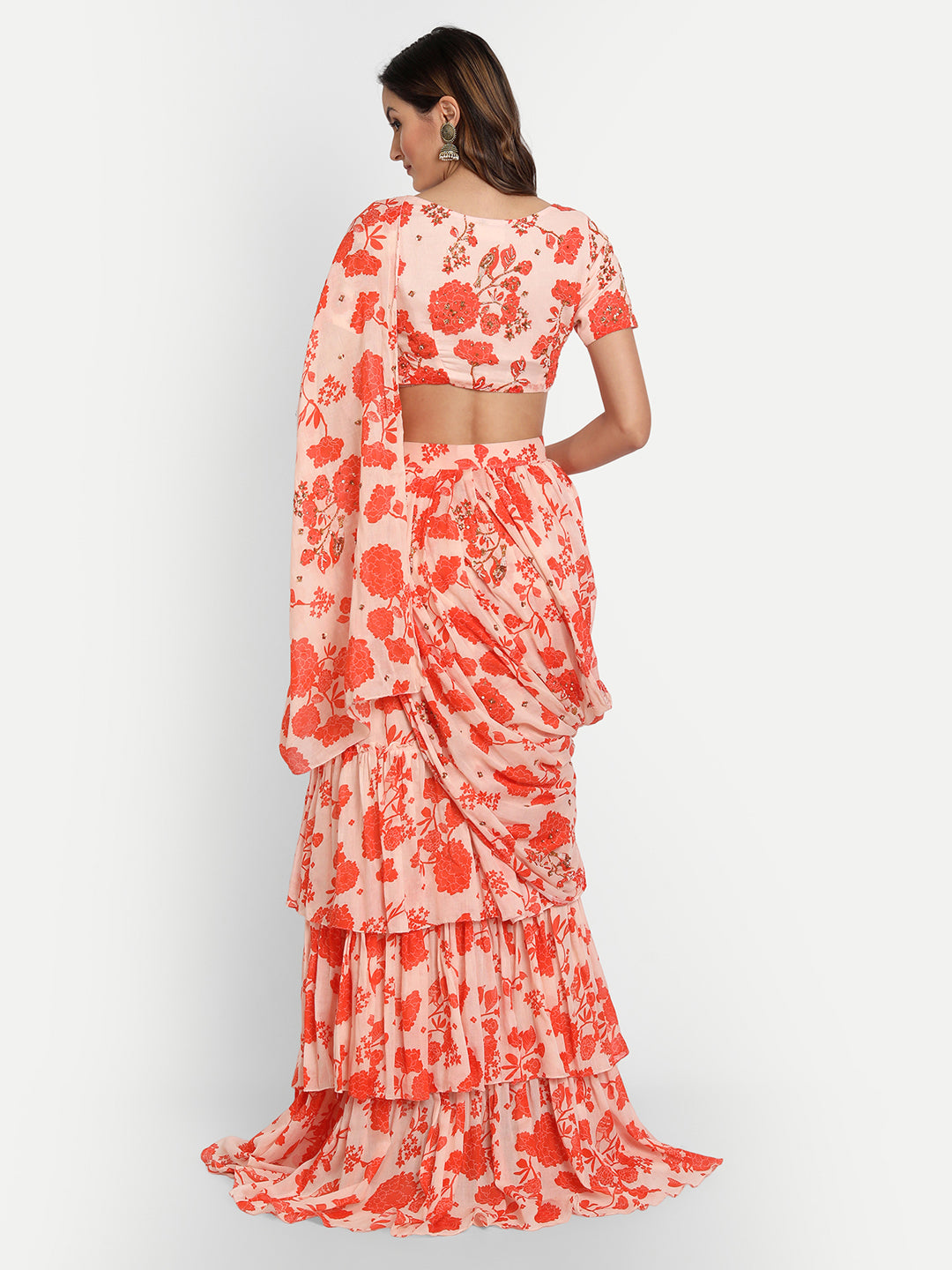 Orange Bird Print Gharara Saree And Blouse