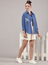 Indigo kantha hand embroidery oversized  pocket  shirt
