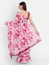 Pink Bird Print Frill Saree