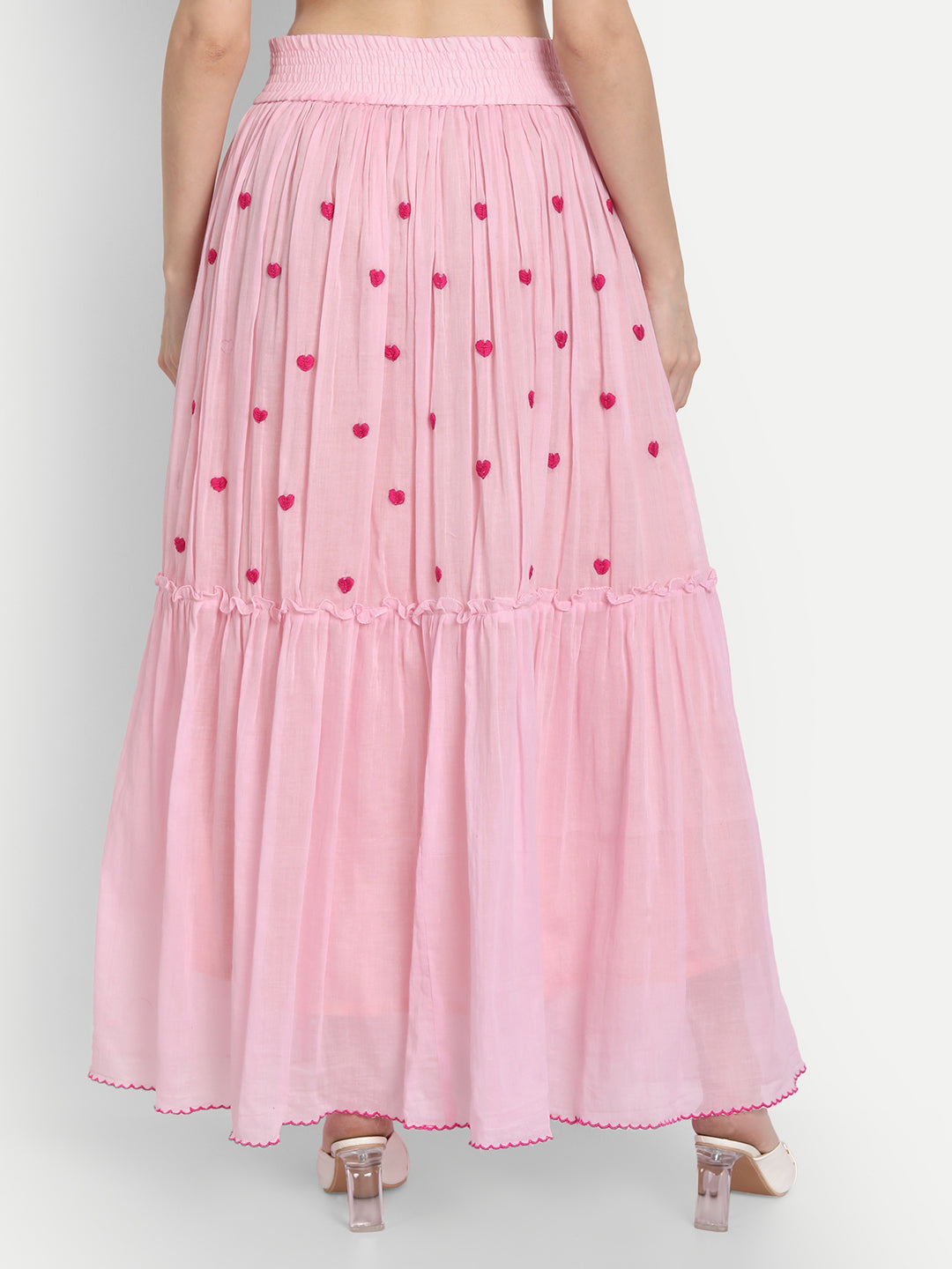 Baby Pink Heart Embroidery Ruffle Skirt