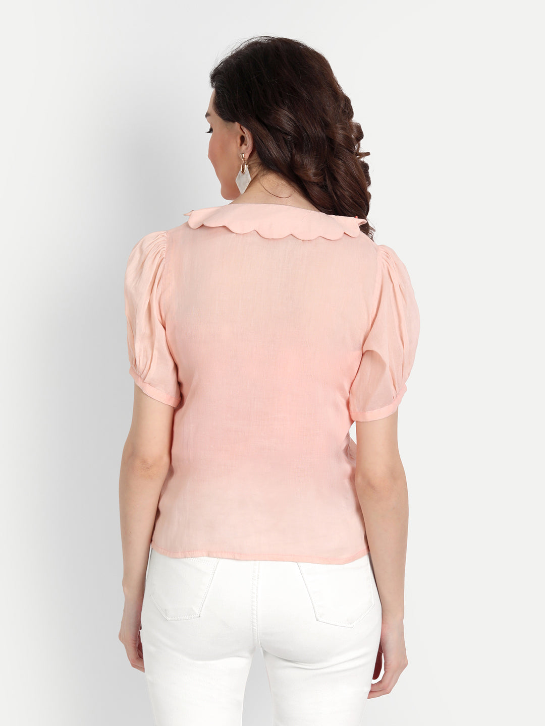 Peach Pleated Rose Embroidery Collar Shirt
