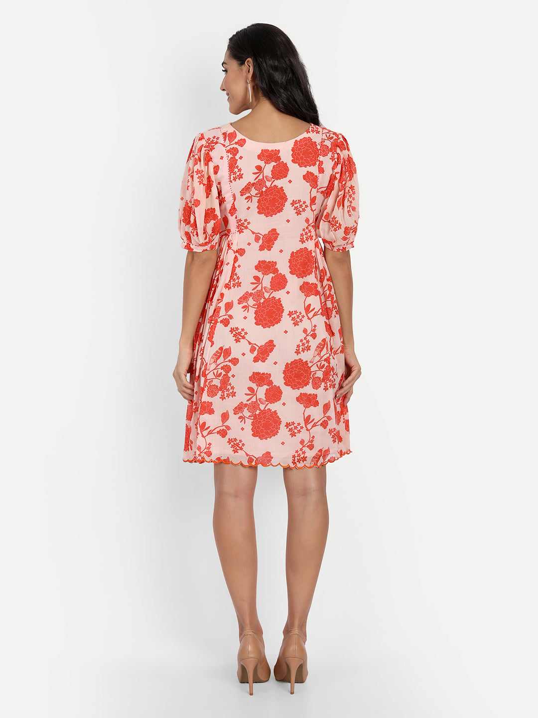 Orange Bird Print Side Pleated Dress
