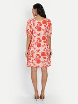 Orange Bird Print Side Pleated Dress