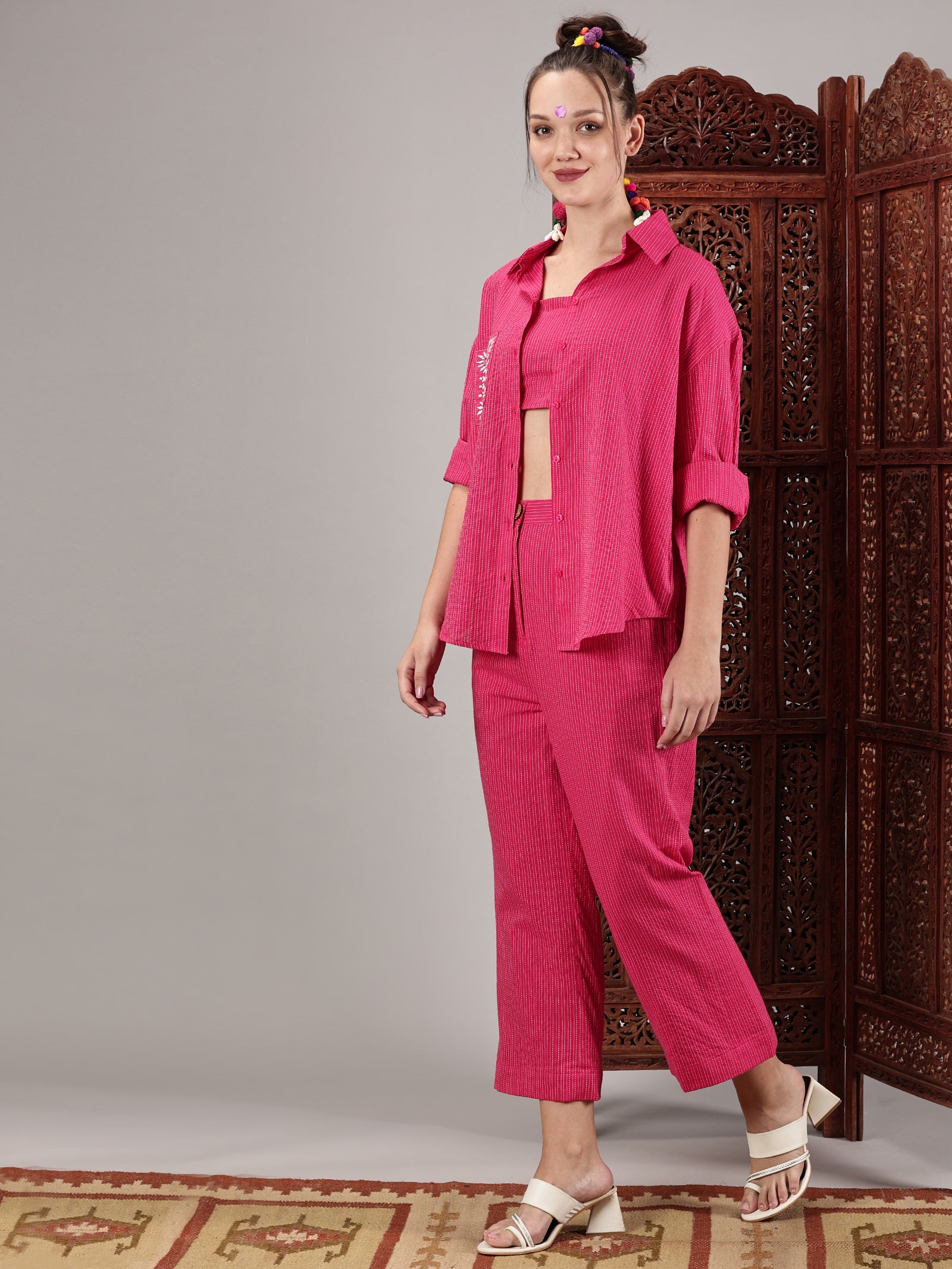 Pink kantha hand embroidery oversized pocket shirt