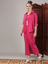 Pink kantha hand embroidery oversized pocket shirt