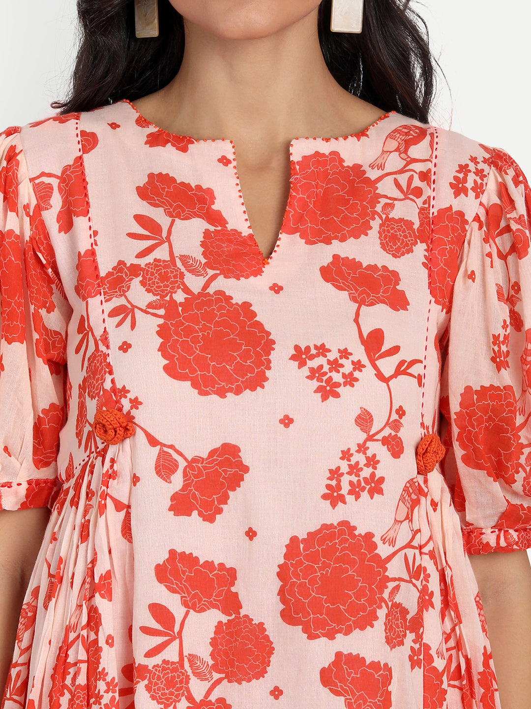 Orange Bird Print Side Pleated Dress