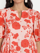 Orange Bird Print Side Pleated Dress