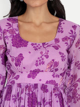 Purple Bird Print Ruffle Dress