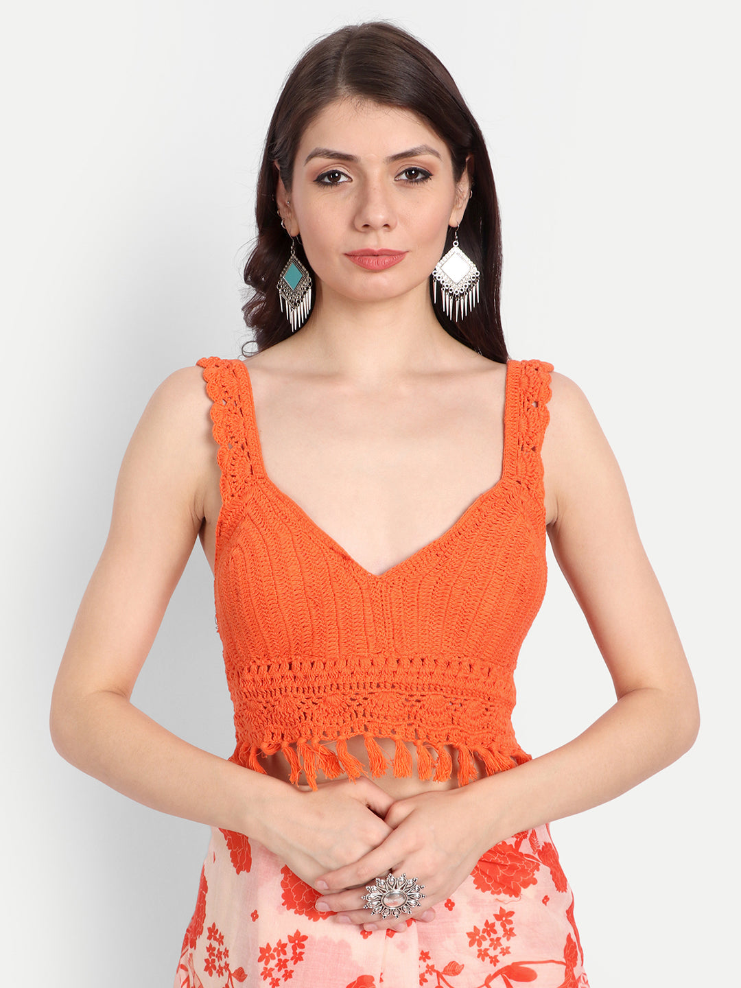 Orange Bird Print Frill Saree