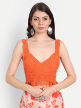 Orange Bird Print Frill Saree