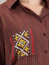 Brown kantha hand embroidery oversized  pocket shirt