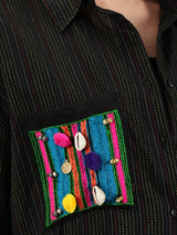 Black kantha hand embroidery oversized  pocket shirt