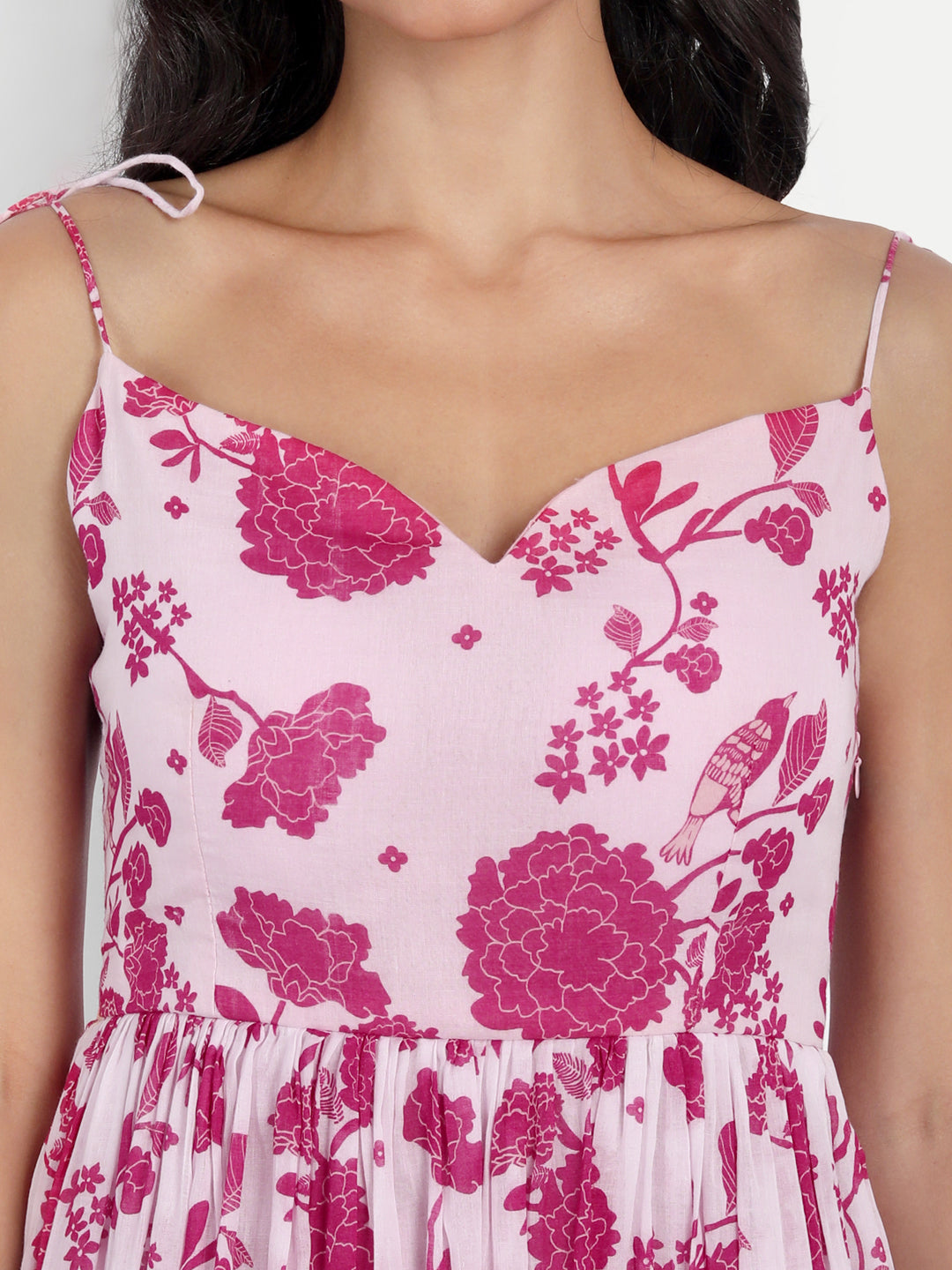 Strap Pink Bird Print Dress
