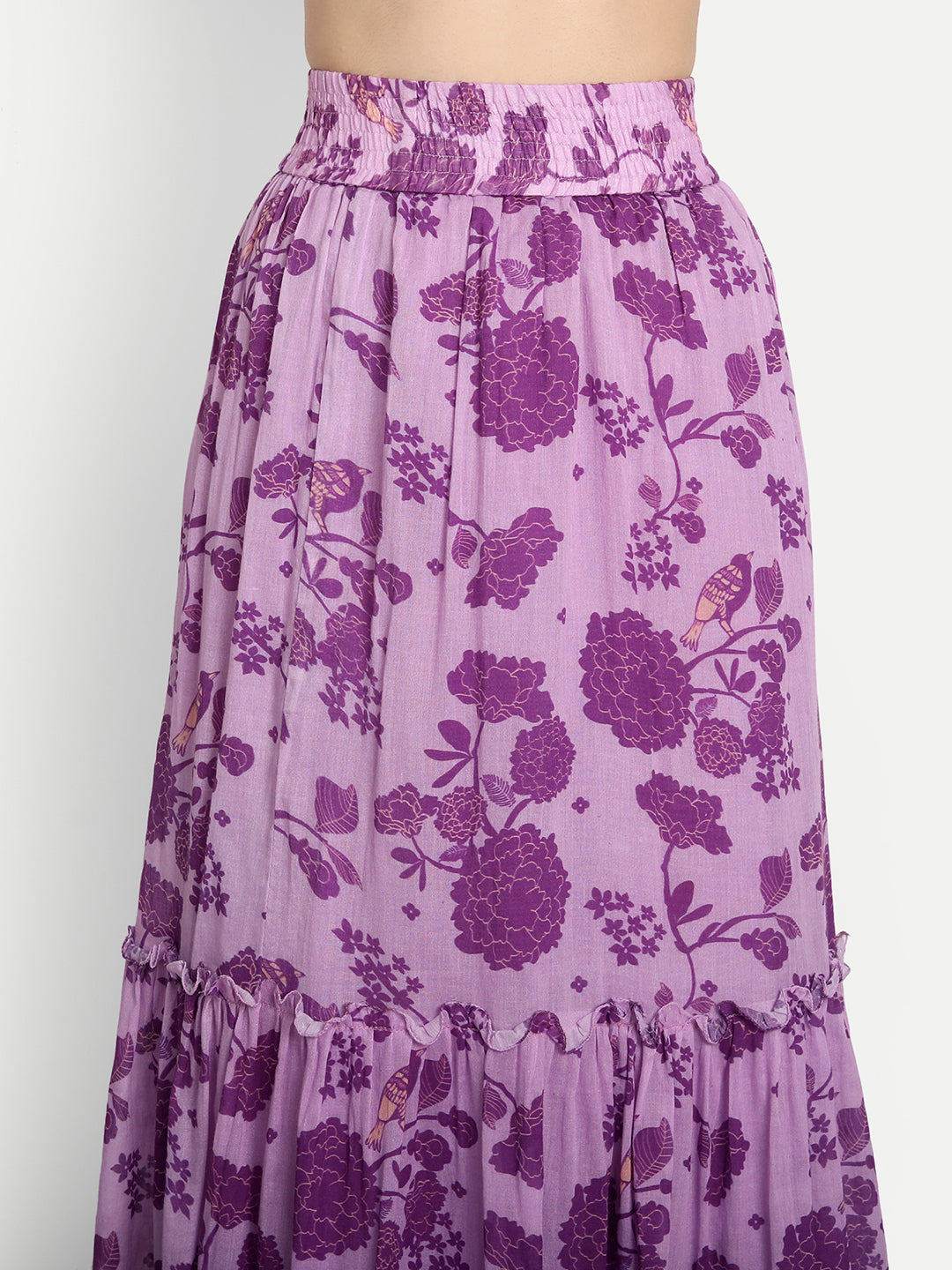 Bird Print Purple Ruffle Skirt