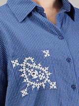Indigo kantha hand embroidery oversized  pocket  shirt
