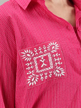 Pink kantha hand embroidery oversized pocket shirt