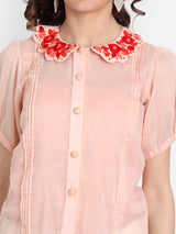 Peach Pleated Rose Embroidery Collar Shirt