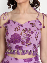 Purple Bird Print Plazoo Saree And Blouse