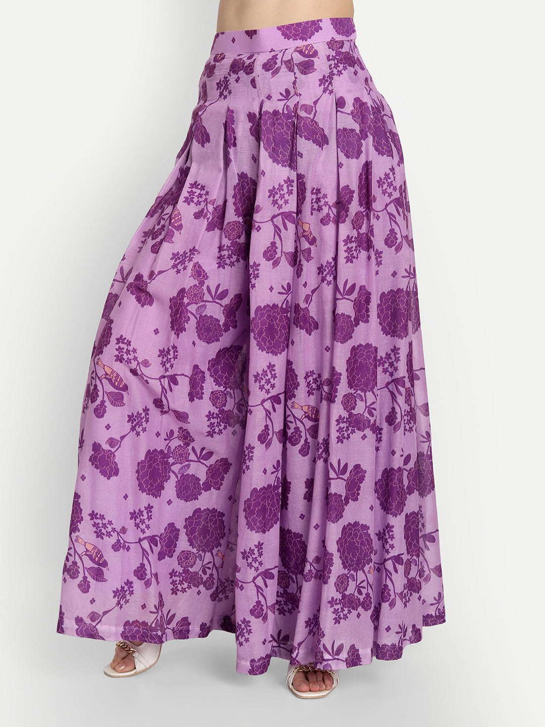 Purple Bird Print Plazoo Saree And Blouse