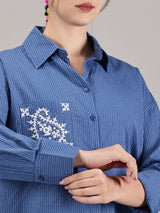Indigo kantha hand embroidery oversized  pocket  shirt