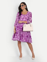 Purple Bird Print Ruffle Dress