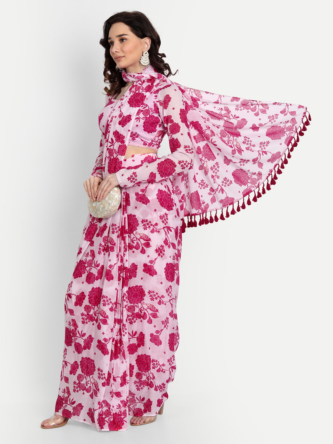 Pink Bird Print Draped Saree With Blouse