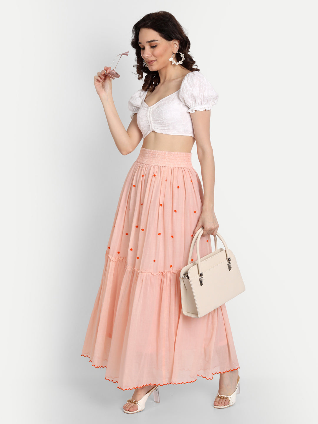 Peach French Knot Embroidery Ruffle Skirt