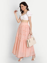 Peach French Knot Embroidery Ruffle Skirt